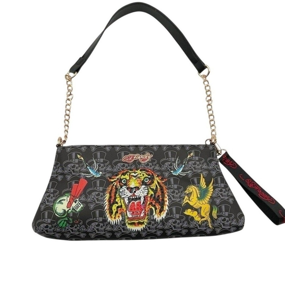 Ed Hardy Womens Y2K Rhinestone Tiger Skull Shoulder Bag NWT Gold Chain Emo Glam